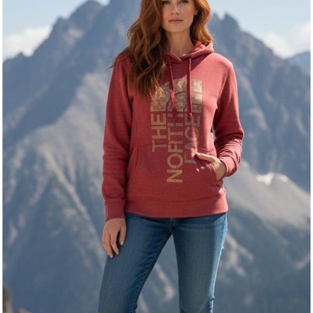 NORTH FACE Womens Large Brick Red Metallic Gold Logo Pocket Hoodie Sweatshirt